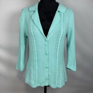heather B. All Cotton Small Collared Button Cardigan Mint Green Sweater Cable